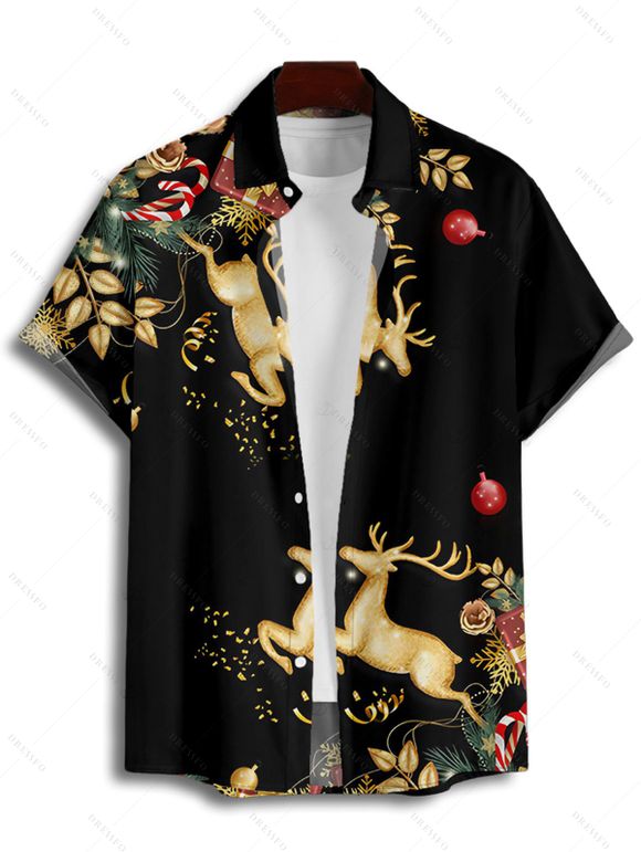 Chemise de vacances pour homme, imprimé élan, sapin de Noël, boutonnée - Noir 3XL