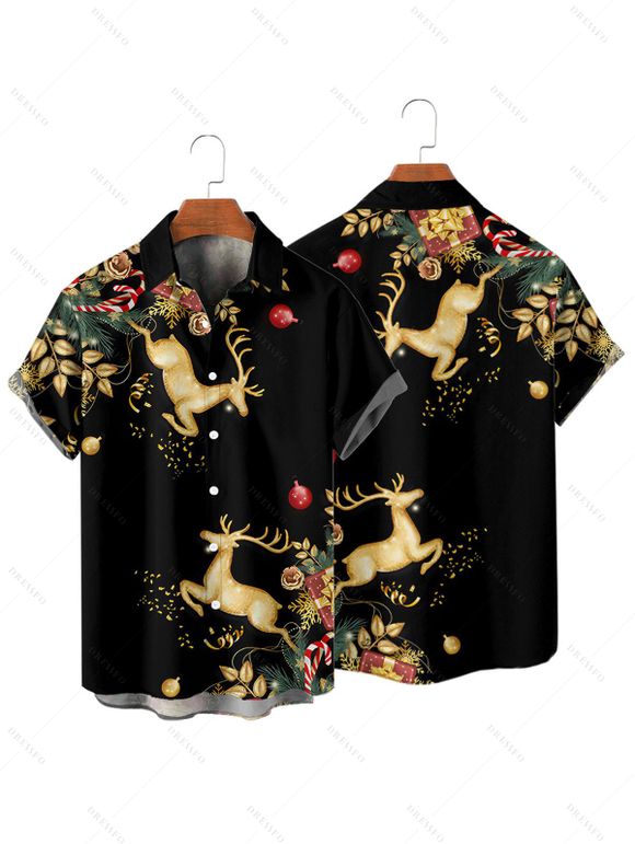 Chemise de vacances pour homme, imprimé élan, sapin de Noël, boutonnée - Noir 3XL