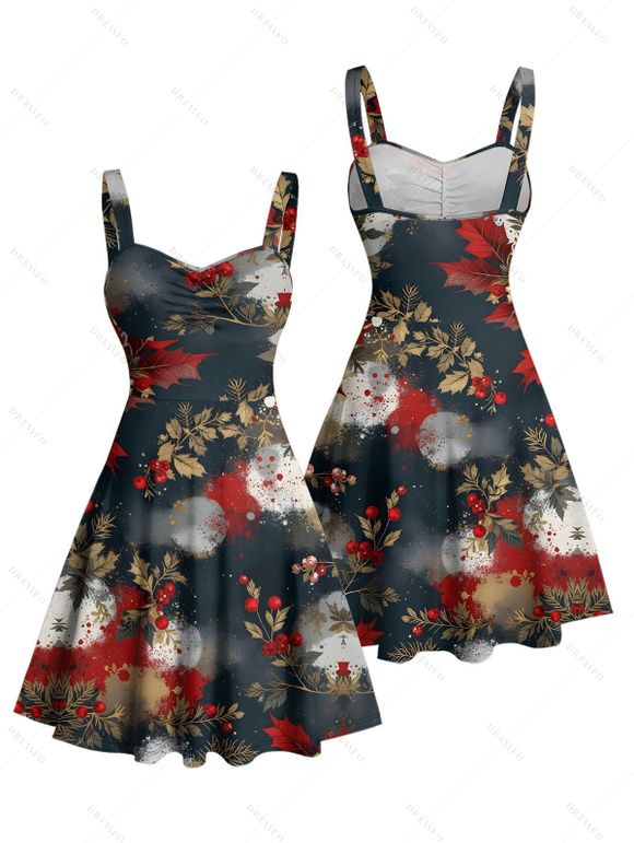 Robe de vacances mini-robe froncée à imprimé floral érable color-block - Noir L | US 8-10