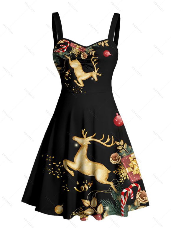 Robe de vacances Mini-robe froncée à imprimé élan et sapin de Noël - Noir XL | US 12
