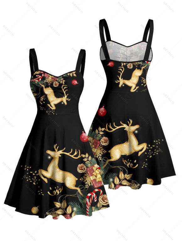 Robe de vacances Mini-robe froncée à imprimé élan et éléments de sapin de Noël - Noir XXXXXL | US 20