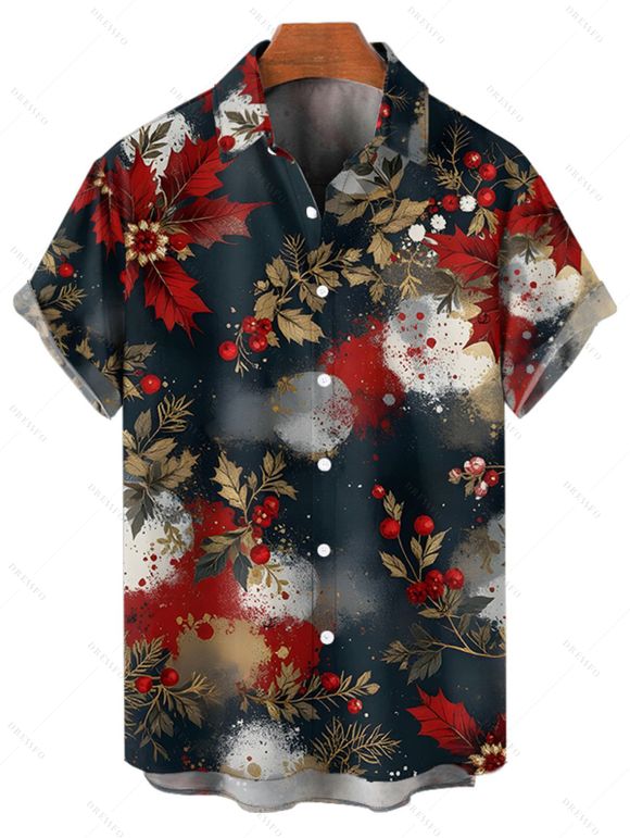 Chemise de vacances pour homme, chemise boutonnée à imprimé floral érable colorblock - Noir 5XL