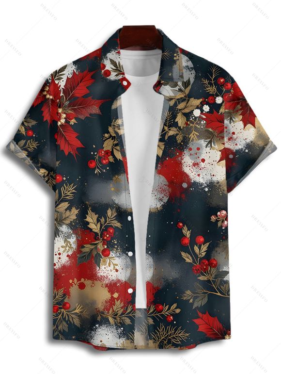 Chemise de vacances pour homme, chemise boutonnée à imprimé floral érable colorblock - Noir 3XL