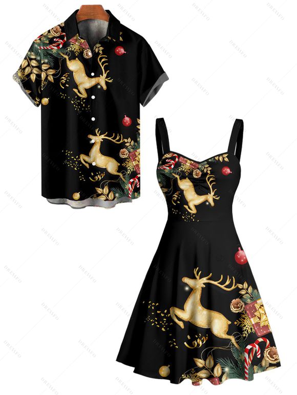 Holiday Couple Outfit Elk Christmas Tree Elements Print Dress and Shirt Set - Noir S | US 4