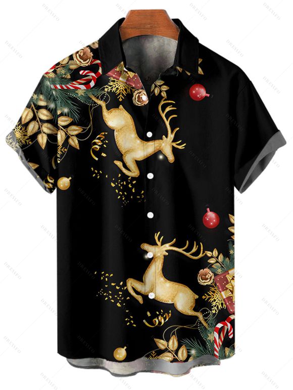 Holiday Couple Outfit Elk Christmas Tree Elements Print Dress and Shirt Set - Noir S | US 4