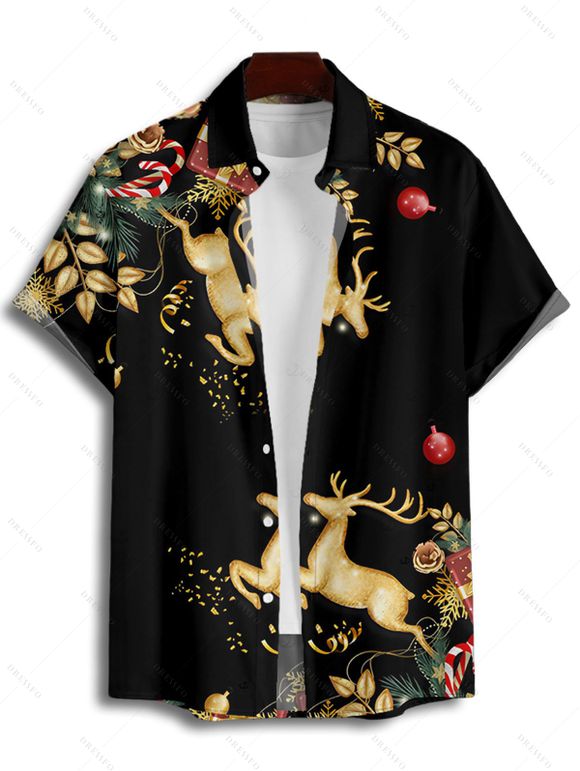 Holiday Couple Outfit Elk Christmas Tree Elements Print Dress and Shirt Set - Noir S | US 4