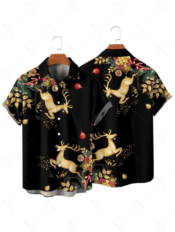 Holiday Couple Outfit Elk Christmas Tree Elements Print Dress and Shirt Set - Noir S | US 4