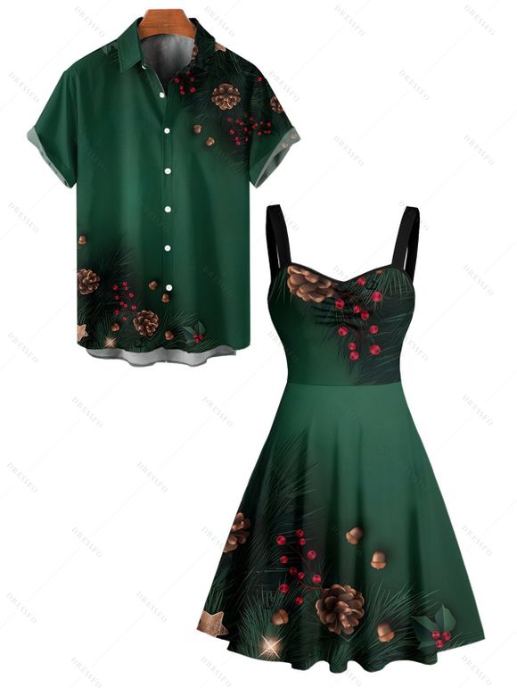 Holiday Couple Outfit Christmas Tree Star Pine Cone Print Dress and Shirt Set - Vert profond S | US 4