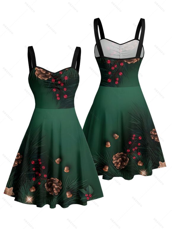 Holiday Couple Outfit Christmas Tree Star Pine Cone Print Dress and Shirt Set - Vert profond S | US 4