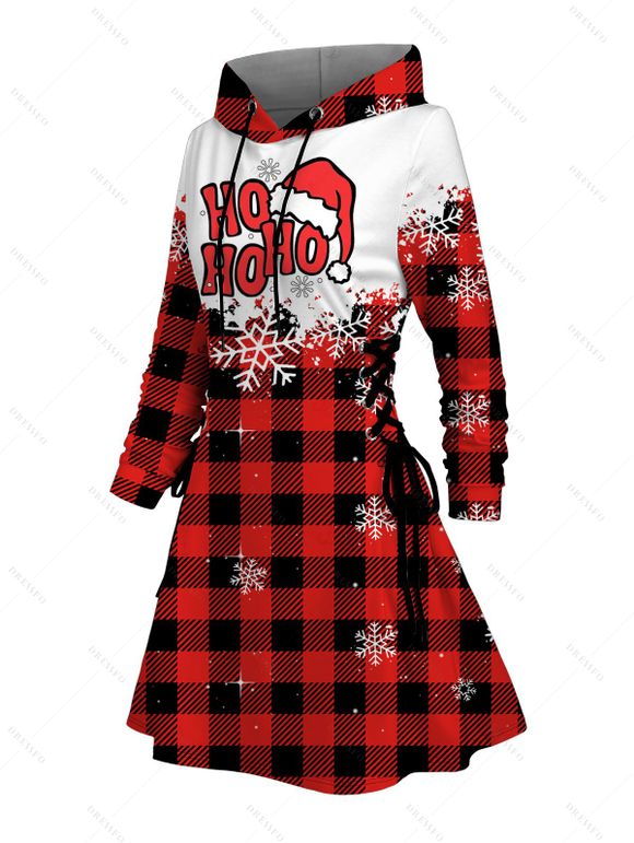 Robe à capuche de vacances à carreaux, imprimé chapeau de Noël flocon de neige, robe à lacets - Rouge XL | US 12