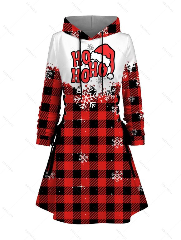 Robe à capuche de vacances à carreaux, imprimé chapeau de Noël flocon de neige, robe à lacets - Rouge L | US 8-10