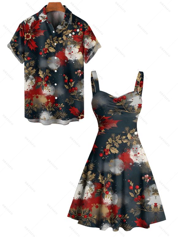Vacation Couple Outfit Colorblock Maple Floral Print Dress and Shirt Set - Noir S | US 4