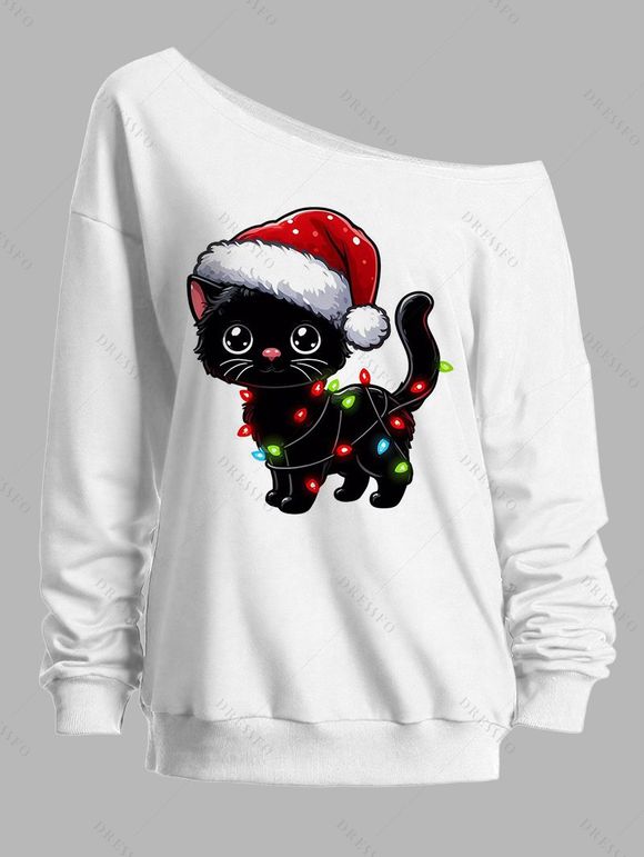 Sweat-shirt de Noël mignon imprimé chat avec chapeau, sweat-shirt à col incliné - Blanc S | US 4