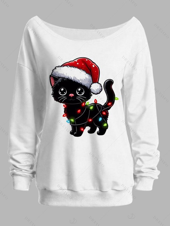 Sweat-shirt de Noël mignon imprimé chat avec chapeau, sweat-shirt à col incliné - Blanc L | US 8-10
