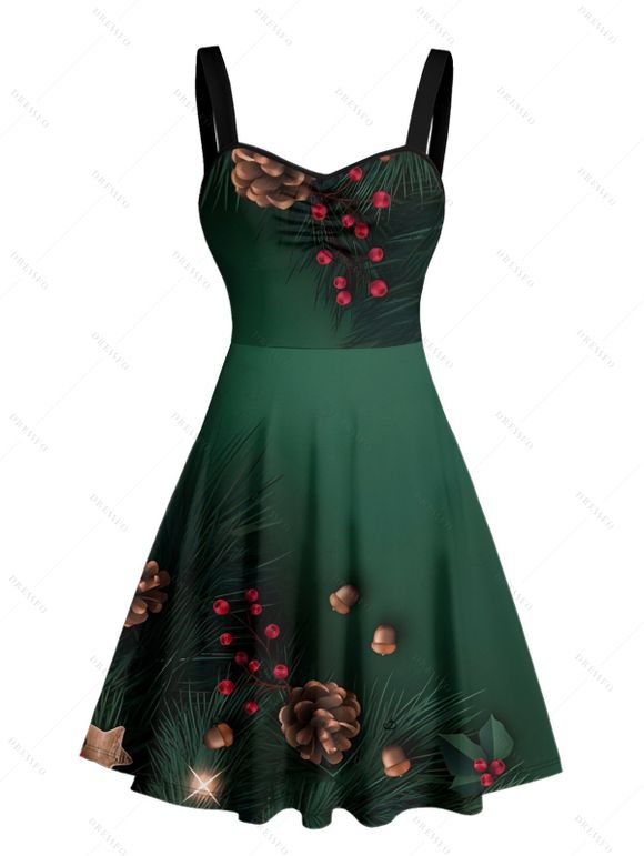 Robe de vacances Mini-robe froncée à imprimé sapin de Noël, étoile, pomme de pin - Vert profond L | US 8-10
