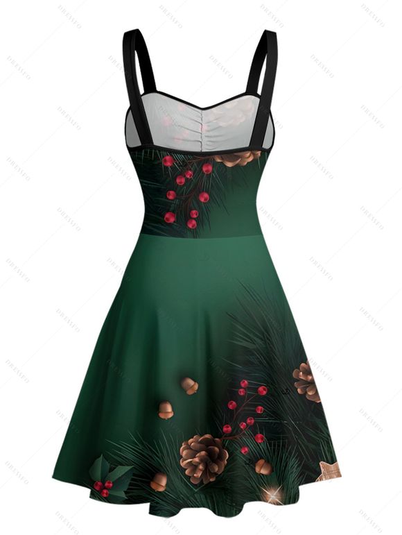 Robe de vacances Mini-robe froncée à imprimé sapin de Noël, étoile, pomme de pin - Vert profond L | US 8-10