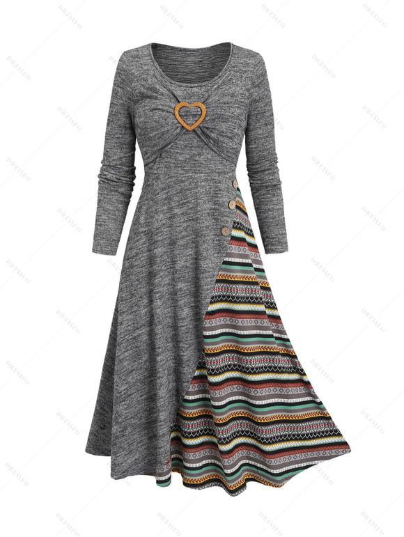 Robe à panneaux à imprimé ethnique Space Dye, robe à manches longues avec boutons factices et anneau en forme de cœur - Gris S | US 4