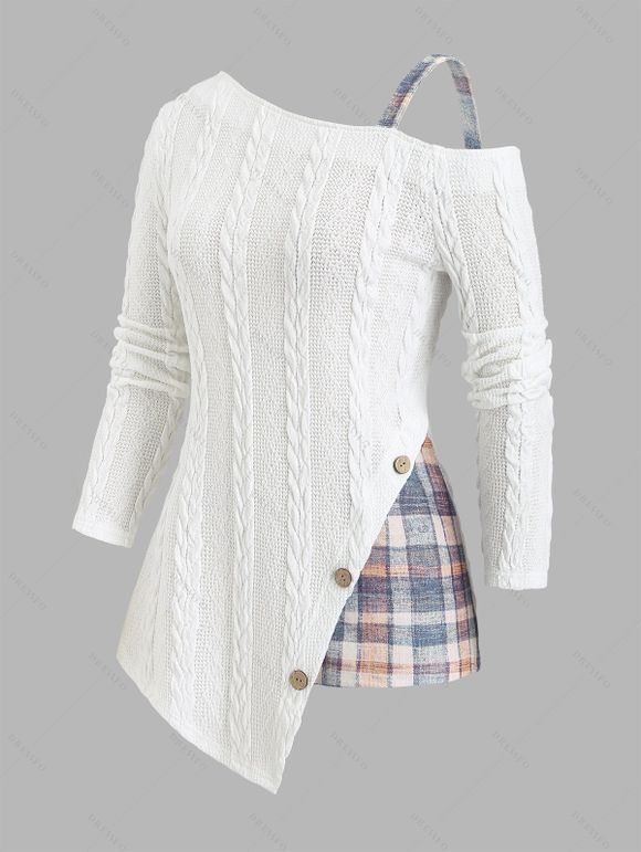 Pull à carreaux en maille torsadée Pull asymétrique à col oblique et boutons factices - café lumière XXL | US 14