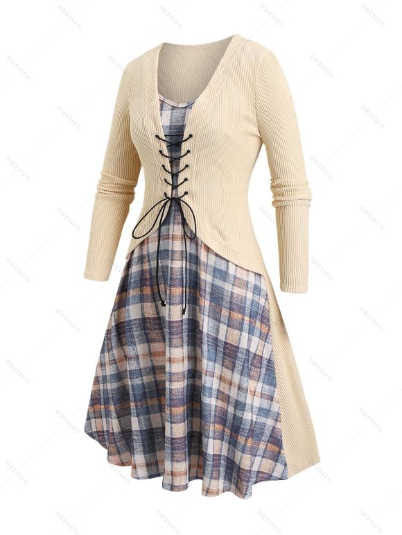 Robe 2 en 1 à carreaux et manches longues - café lumière S | US 4