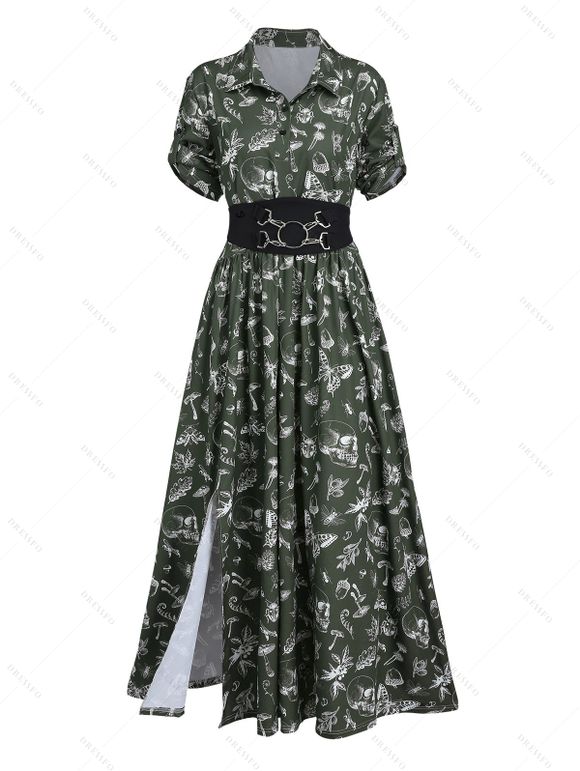 Robe gothique longue fendue à imprimé tête de mort et papillon avec ceinture large à anneau en O - Vert Armée XXL | US 14