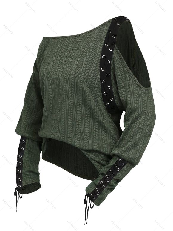 Haut texturé de couleur unie à lacets et découpes, col oblique, manches longues - Vert XXL | US 14