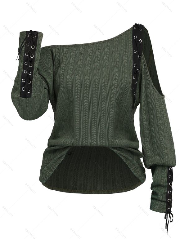 Haut texturé de couleur unie à lacets et découpes, col oblique, manches longues - Vert XXL | US 14