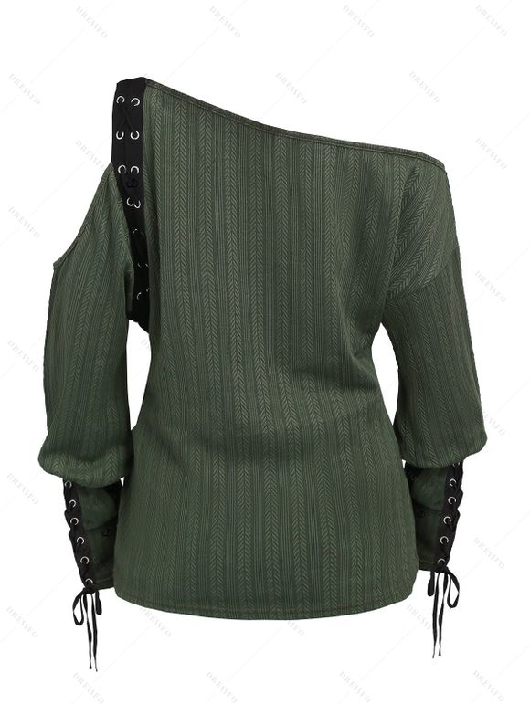 Haut texturé de couleur unie à lacets et découpes, col oblique, manches longues - Vert XXL | US 14