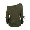 Women Outfit Lace Up Solid Color Textured Skew Neck Top and Leggings Set - Vert Armée S | US 4