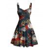 Robe de vacances mini-robe froncée à imprimé floral érable color-block - Noir XXXXXL | US 20
