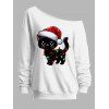 Sweat-shirt de Noël mignon imprimé chat avec chapeau, sweat-shirt à col incliné - Blanc S | US 4