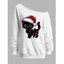 Sweat-shirt de Noël mignon imprimé chat avec chapeau, sweat-shirt à col incliné - Blanc S | US 4