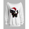 Sweat-shirt de Noël mignon imprimé chat avec chapeau, sweat-shirt à col incliné - Blanc S | US 4