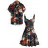 Vacation Couple Outfit Colorblock Maple Floral Print Dress and Shirt Set - Noir S | US 4
