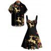 Holiday Couple Outfit Elk Christmas Tree Elements Print Dress and Shirt Set - Noir S | US 4