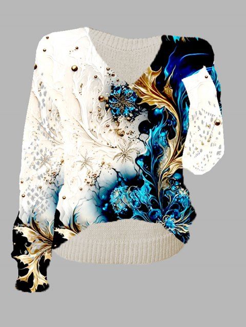 Pull tricoté à imprimé floral colorblock, col en V ajouré