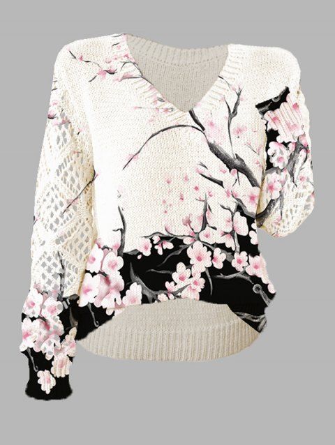 Pull tricoté de vacances, imprimé fleur de pêcher, col en V ajouré