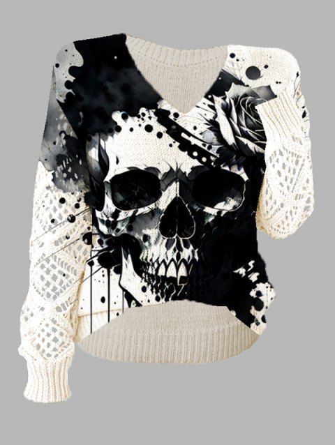 Pull gothique tricoté à imprimé tête de mort et col en V ajouré