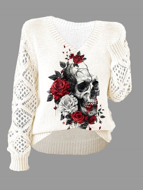 Pull gothique en tricot à imprimé tête de mort et col en V ajouré
