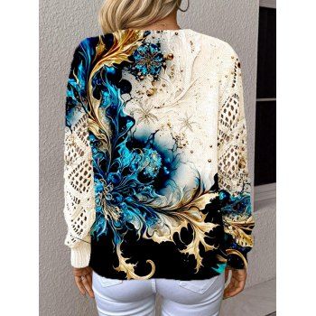Knitted Sweater Colorblock Floral Print Hollow Out V Neck Sweater