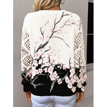 Vacation Knitted Sweater Peach Blossom Print Hollow Out V Neck Sweater