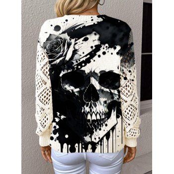 Gothic Knitted Sweater Skull Print Colorblock Hollow Out V Neck Sweater