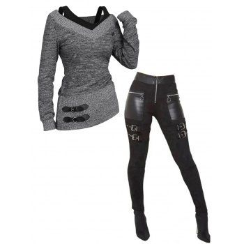 Women Outfit Textured Heather Faux Twinset Top and Zipper Buckle Leggings Set