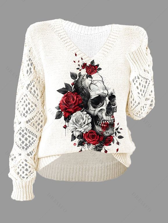 Pull gothique en tricot à imprimé tête de mort et col en V ajouré - Blanc S | US 4