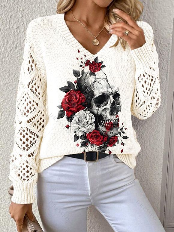 Pull gothique en tricot à imprimé tête de mort et col en V ajouré - Blanc S | US 4