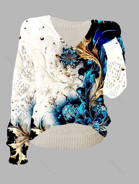 Pull tricoté à imprimé floral colorblock, col en V ajouré - Blanc L | US 8