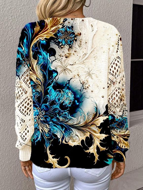 Pull tricoté à imprimé floral colorblock, col en V ajouré - Blanc L | US 8