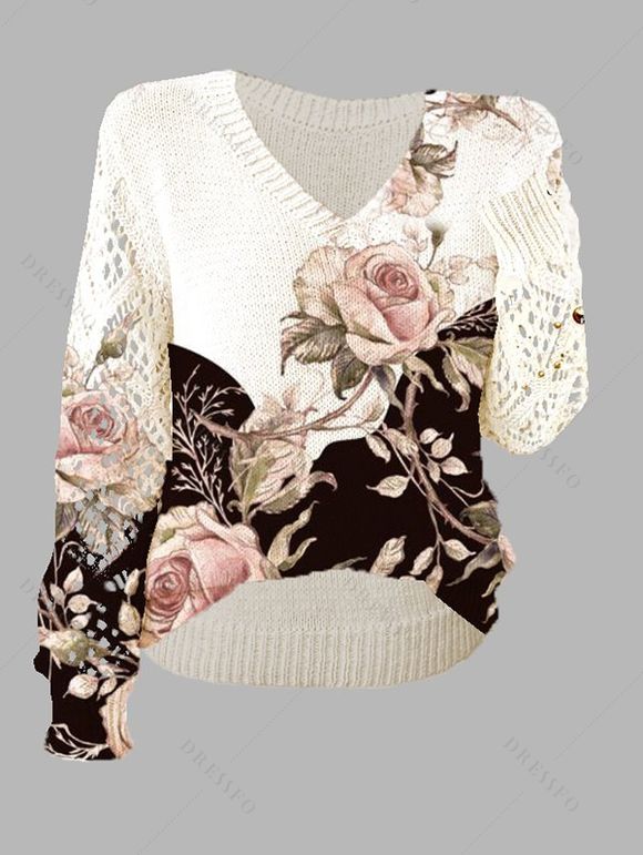 Pull tricoté de vacances à imprimé floral et feuilles, col en V ajouré, colorblock - Blanc S | US 4