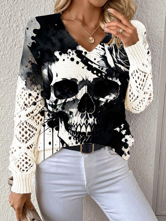 Pull gothique tricoté à imprimé tête de mort et col en V ajouré - Blanc S | US 4