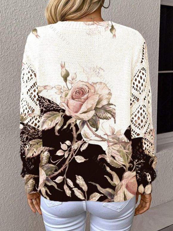 Pull tricoté de vacances à imprimé floral et feuilles, col en V ajouré, colorblock - Blanc S | US 4