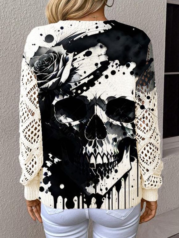 Pull gothique tricoté à imprimé tête de mort et col en V ajouré - Blanc S | US 4
